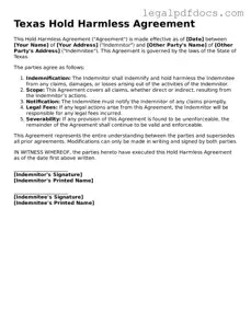 Official  Hold Harmless Agreement Form for Texas