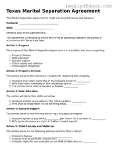 Official  Marital Separation Agreement Form for Texas