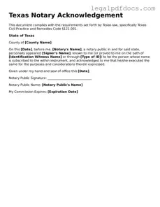 Official  Notary Acknowledgement Form for Texas