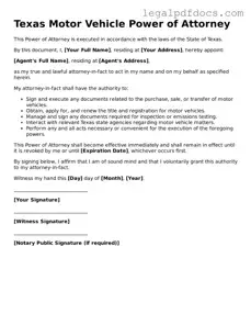 Official  Motor Vehicle Power of Attorney Form for Texas