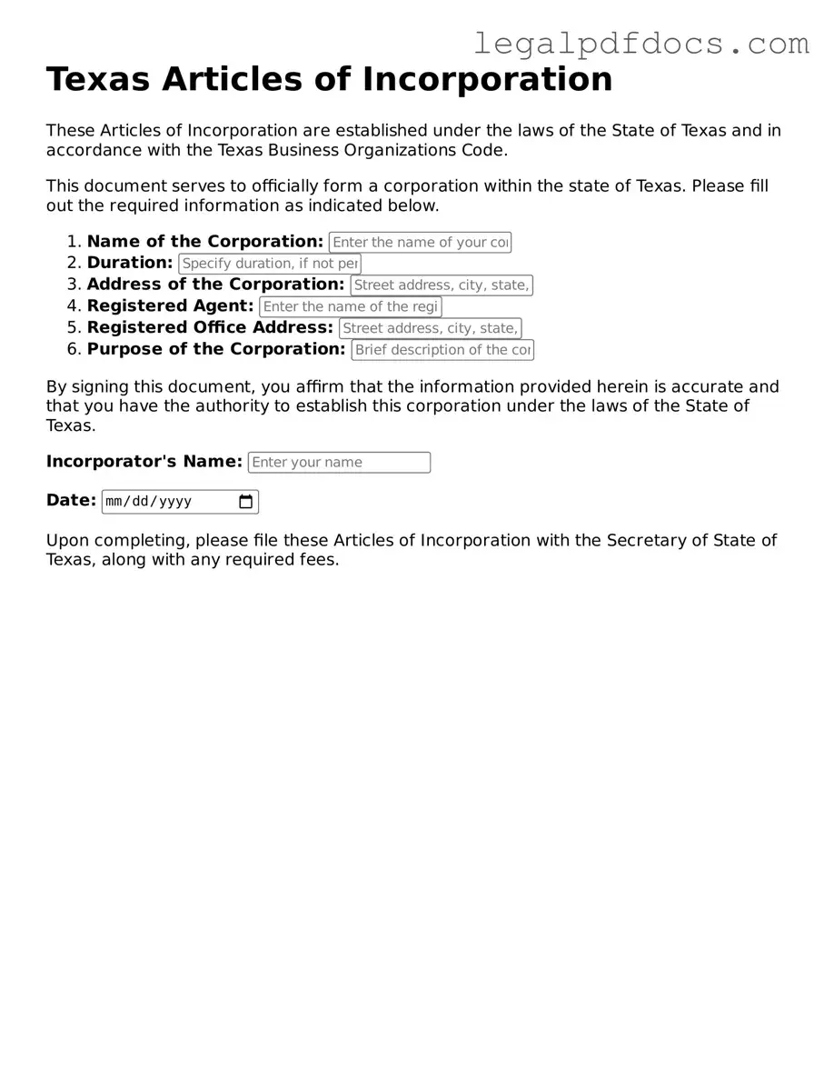Official  Articles of Incorporation Form for Texas