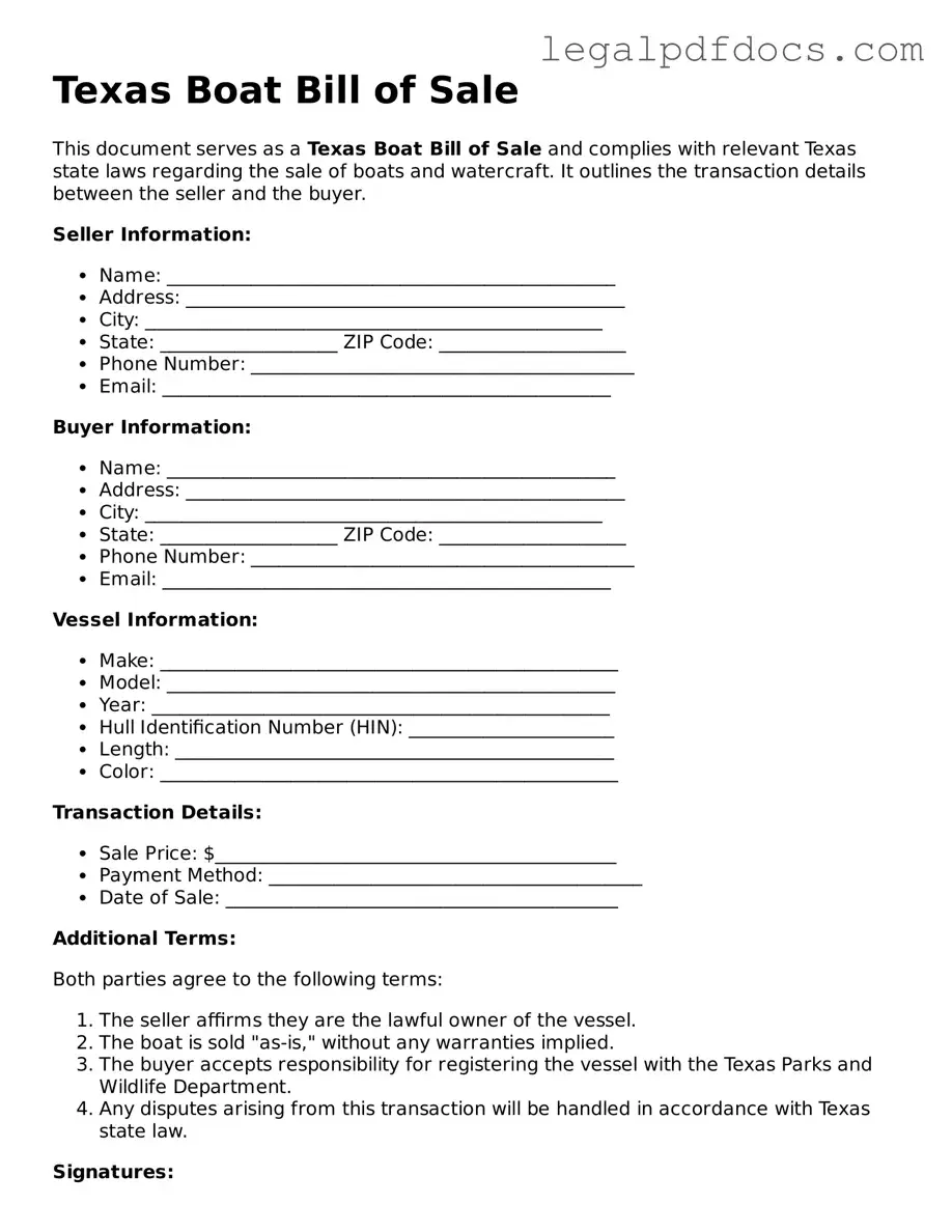 Official Boat Bill of Sale Form for Texas