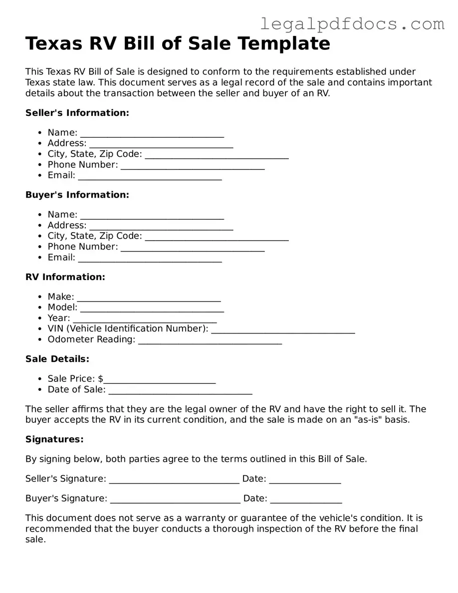 Official RV Bill of Sale Form for Texas