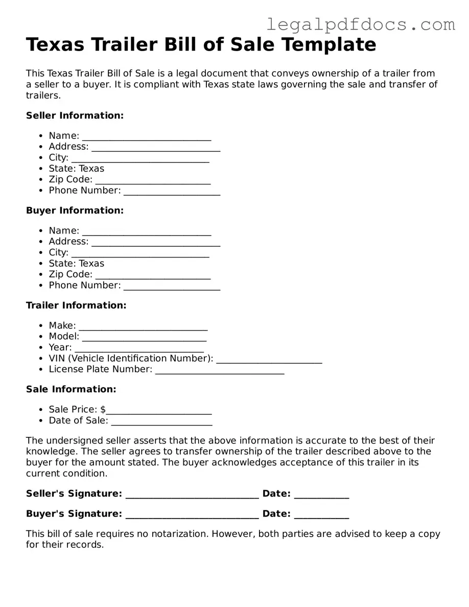 Official  Trailer Bill of Sale Form for Texas