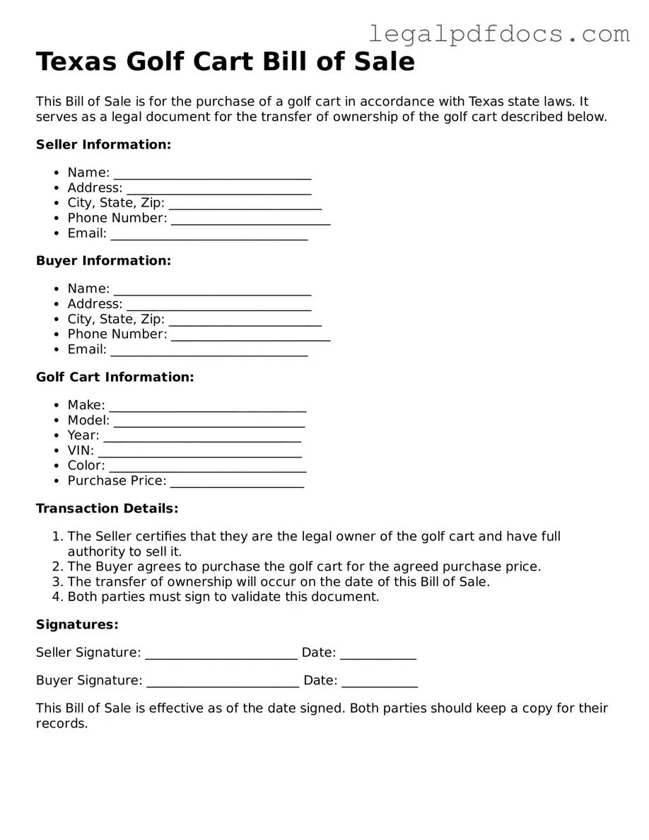 Official Golf Cart Bill of Sale Form for Texas