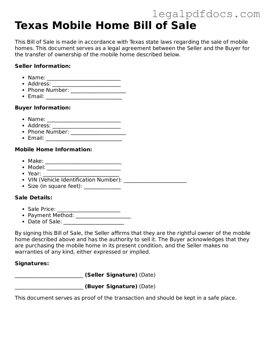 Official Mobile Home Bill of Sale Form for Texas
