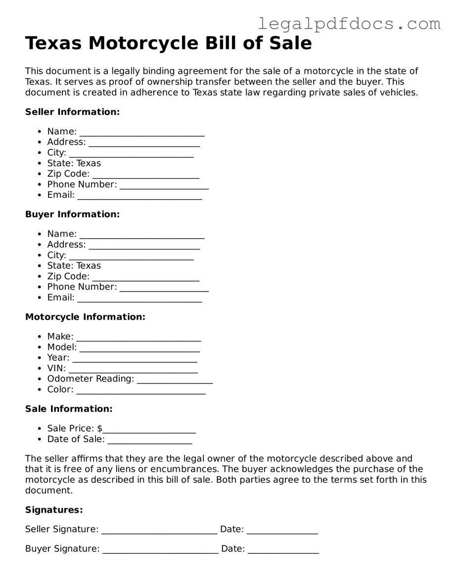 Official  Motorcycle Bill of Sale Form for Texas