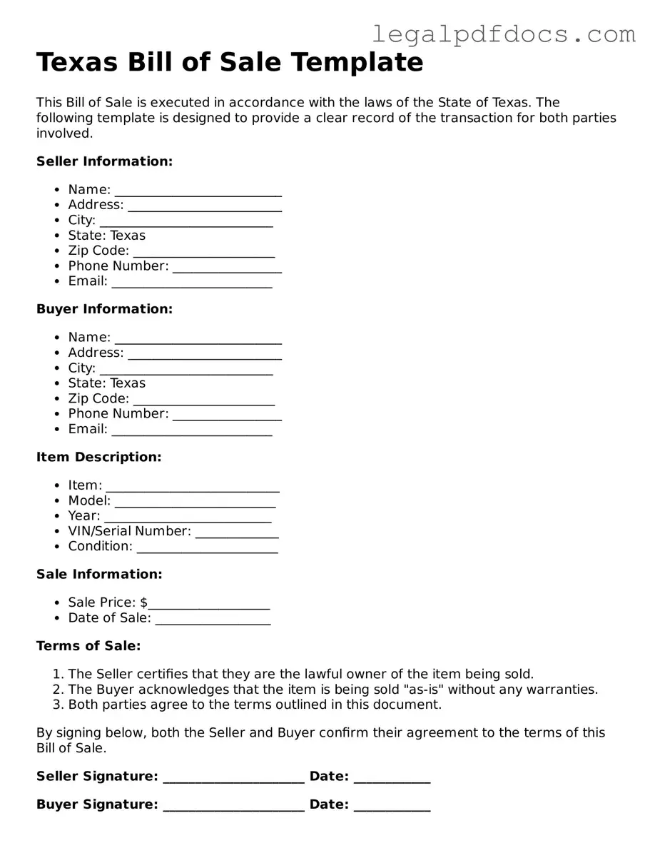 Official Bill of Sale Form for Texas
