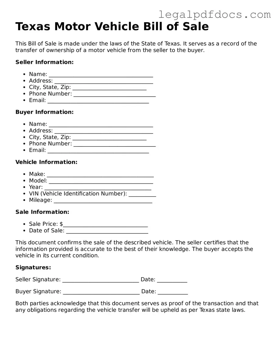 Official  Motor Vehicle Bill of Sale Form for Texas
