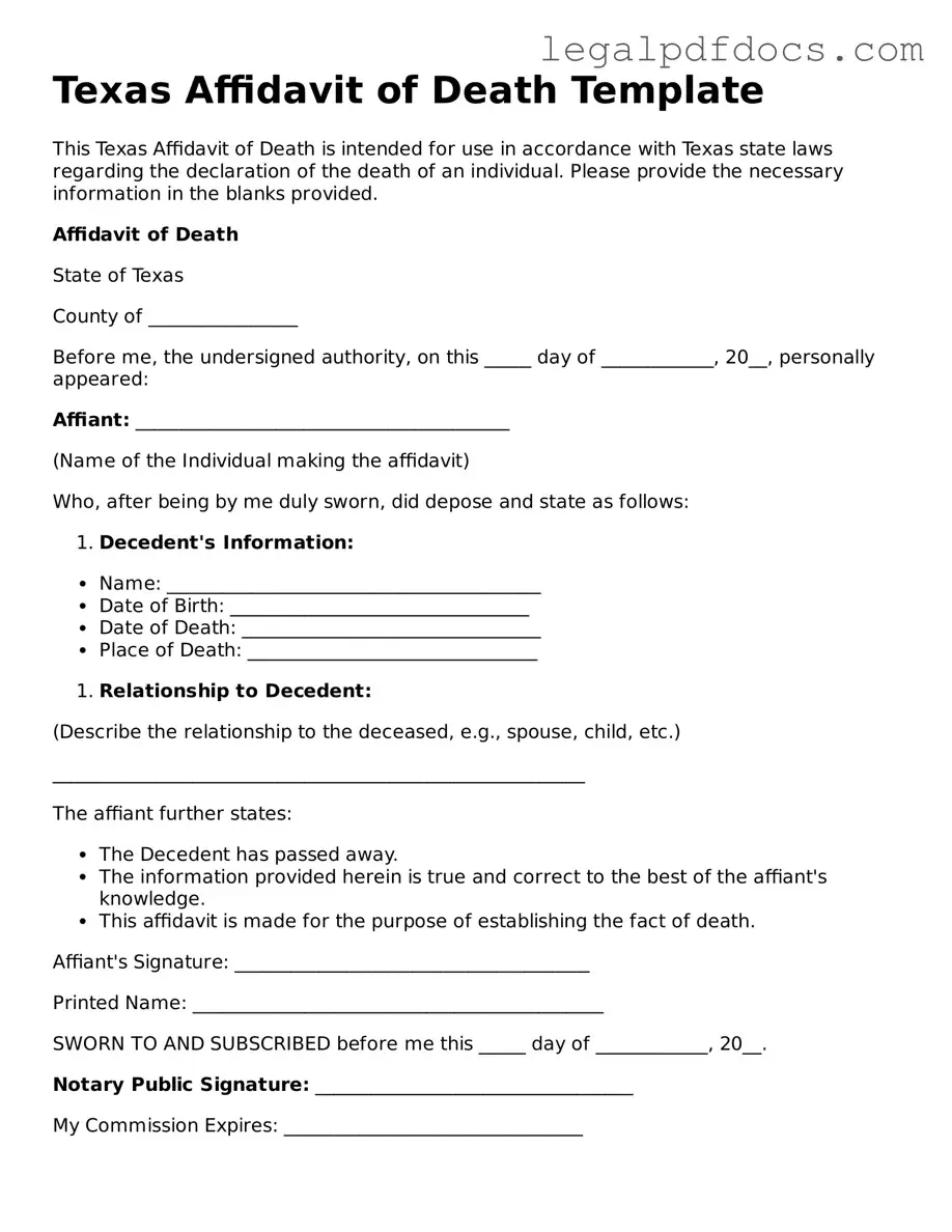 Official Affidavit of Death Form for Texas