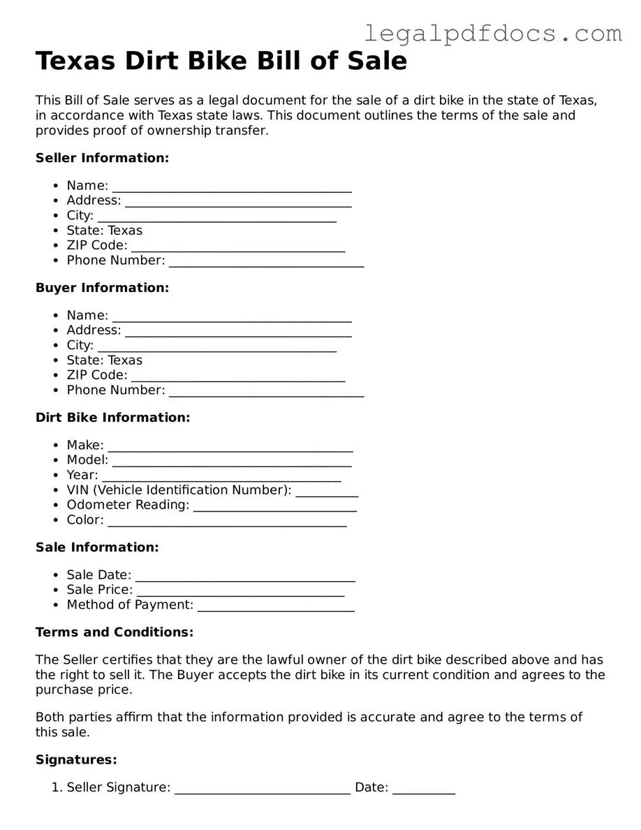 Official  Dirt Bike Bill of Sale Form for Texas
