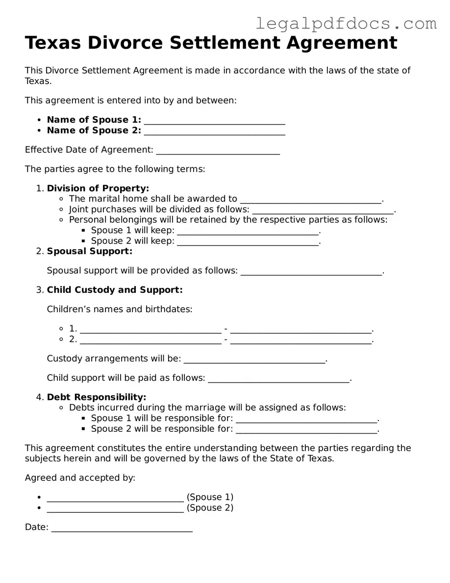 Official Divorce Settlement Agreement Form for Texas