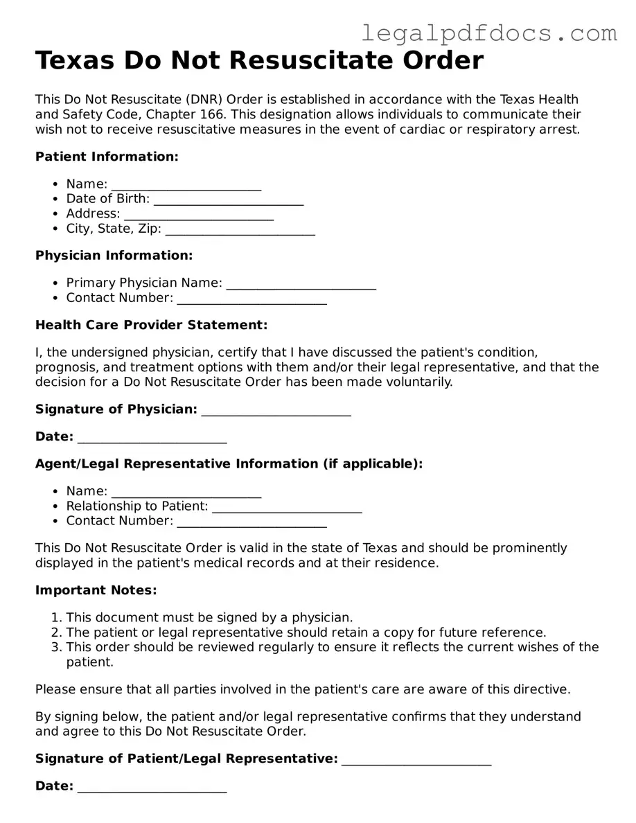 Official  Do Not Resuscitate Order Form for Texas