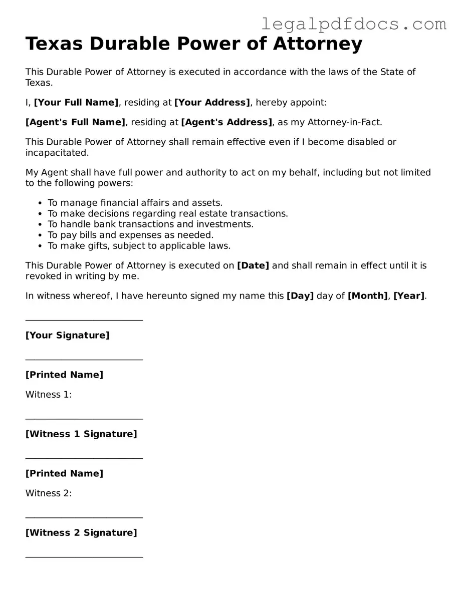 Official Durable Power of Attorney Form for Texas