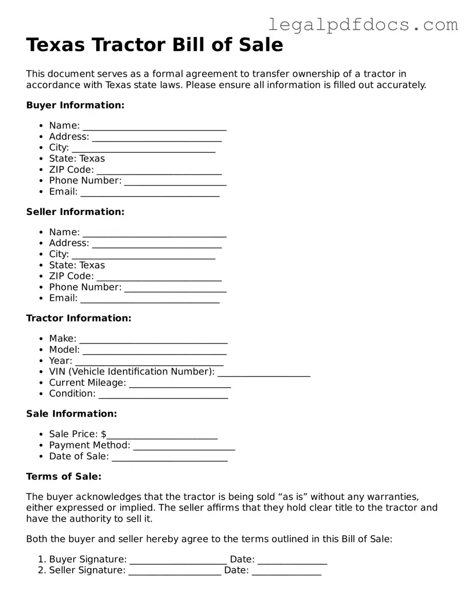 Official Tractor Bill of Sale Form for Texas