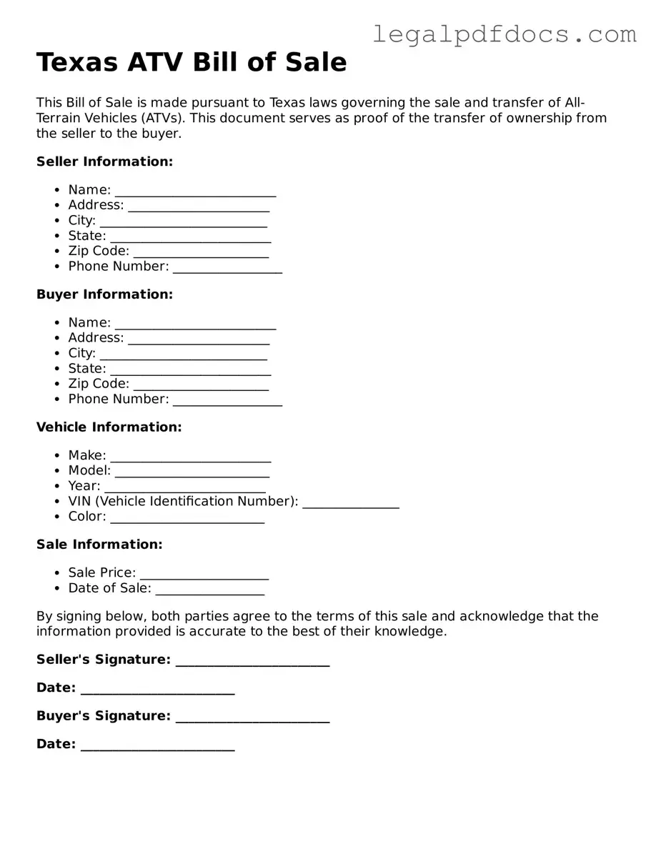 Official ATV Bill of Sale Form for Texas