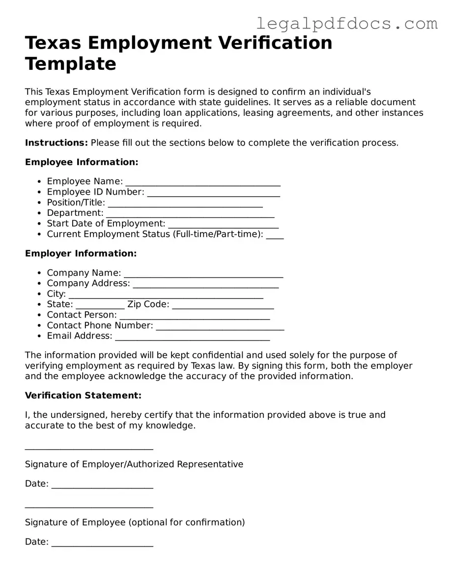 Official  Employment Verification Form for Texas