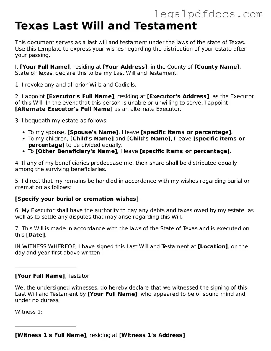 Official Last Will and Testament Form for Texas