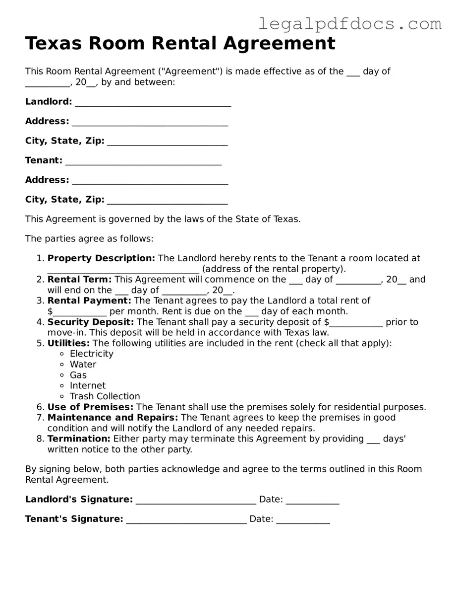 Official  Room Rental Agreement Form for Texas