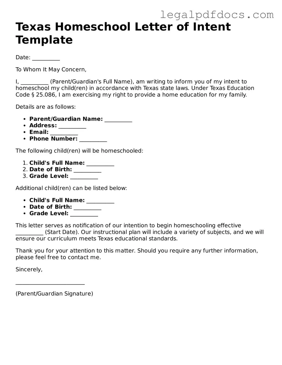 Official  Homeschool Letter of Intent Form for Texas