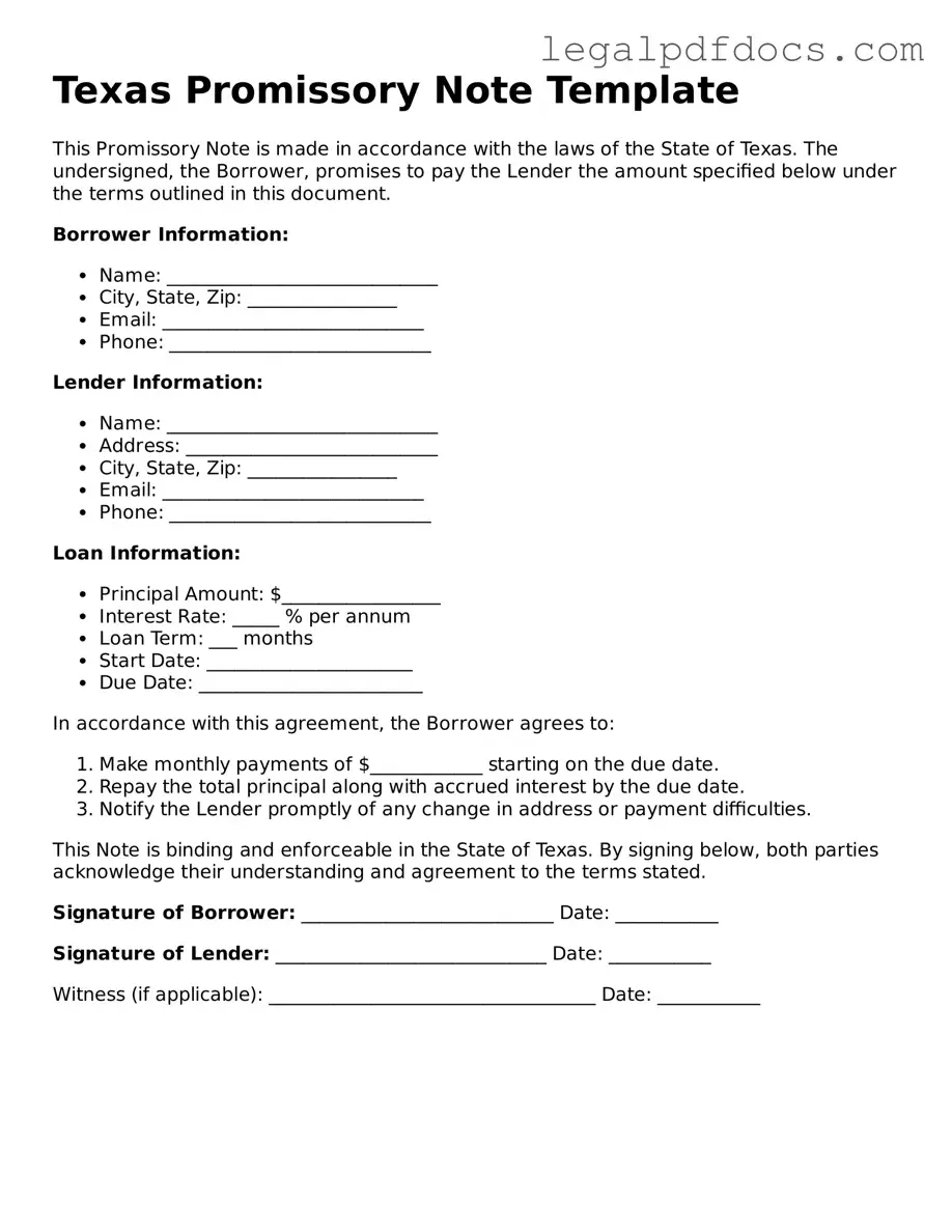Official Promissory Note Form for Texas