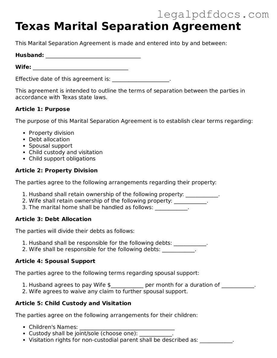 Official  Marital Separation Agreement Form for Texas