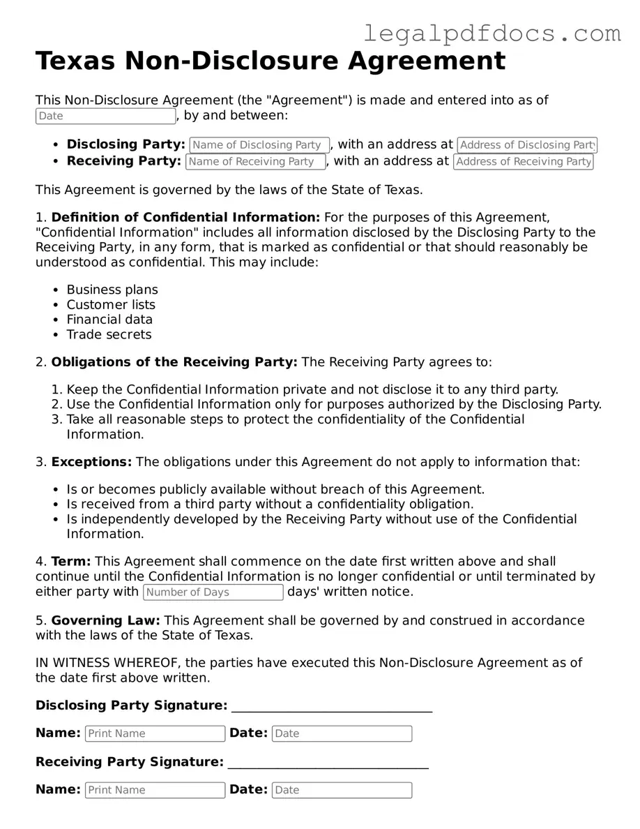 Official Non-disclosure Agreement Form for Texas