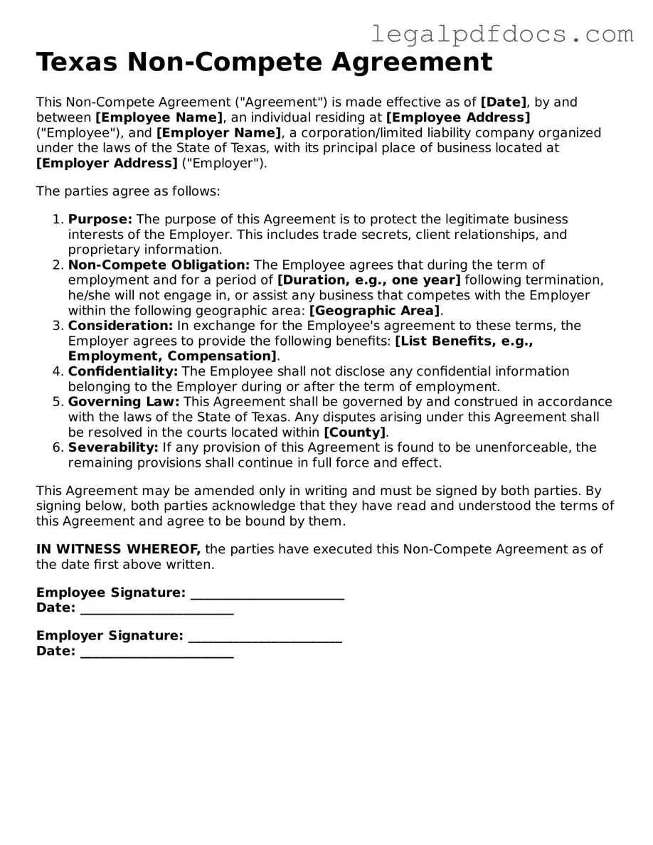 Official Non-compete Agreement Form for Texas