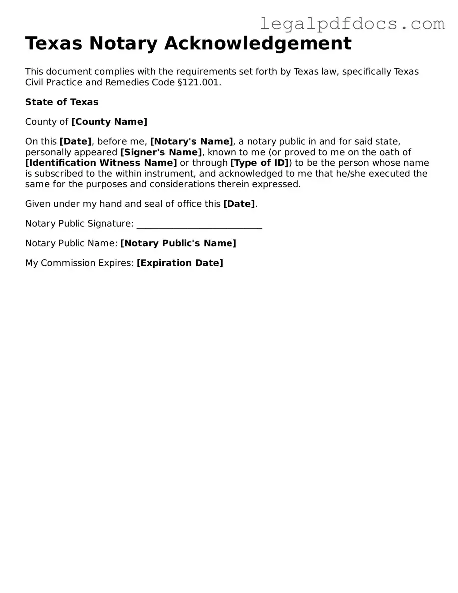 Official Notary Acknowledgement Form for Texas