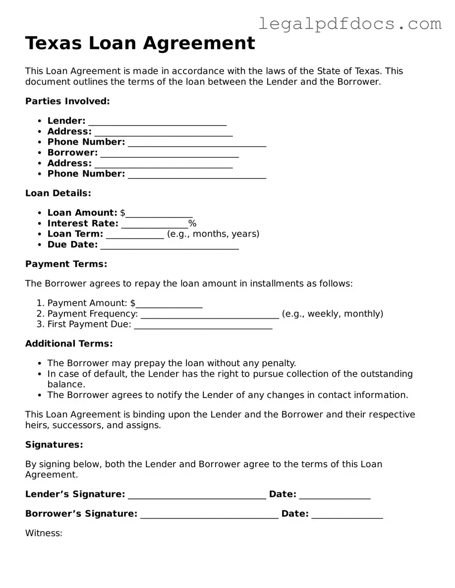 Official Loan Agreement Form for Texas