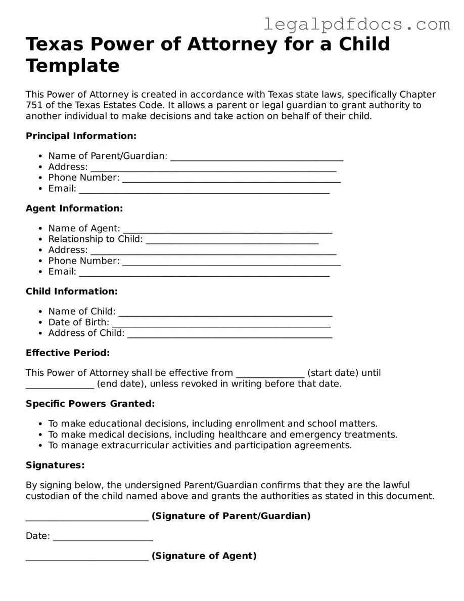 Official Power of Attorney for a Child Form for Texas
