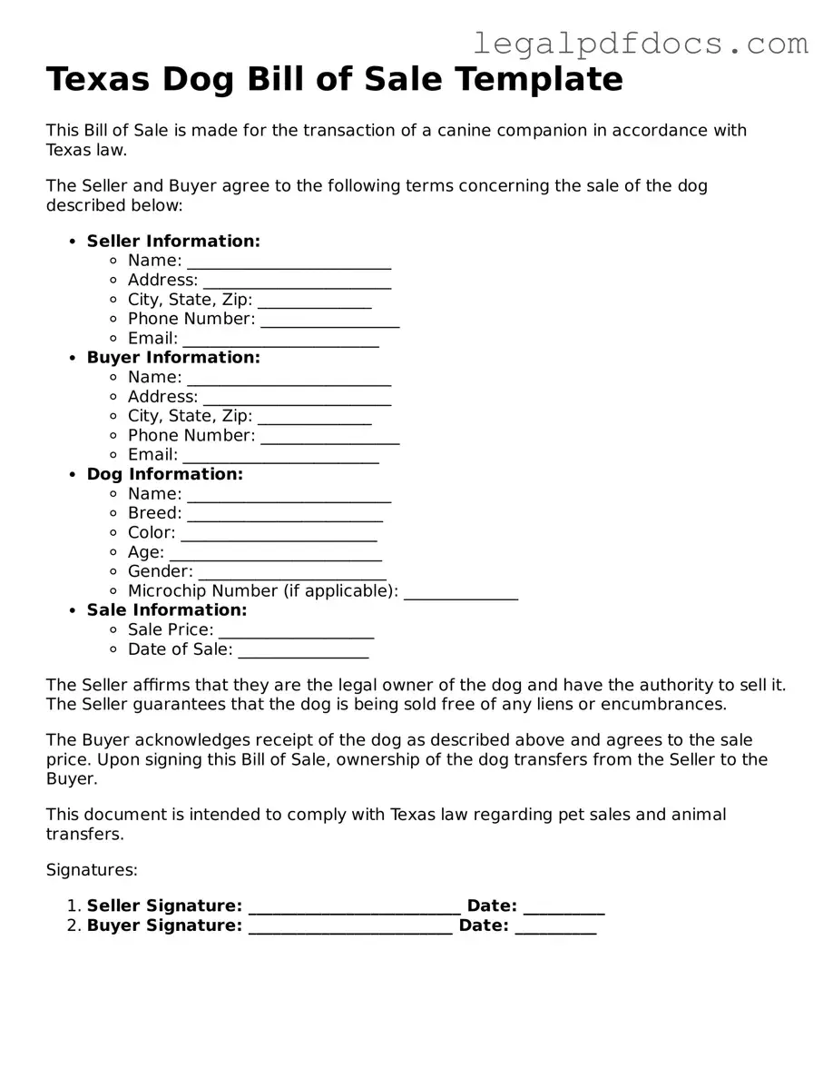 Official Dog Bill of Sale Form for Texas