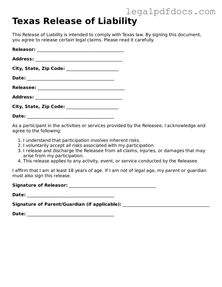 Official  Release of Liability Form for Texas