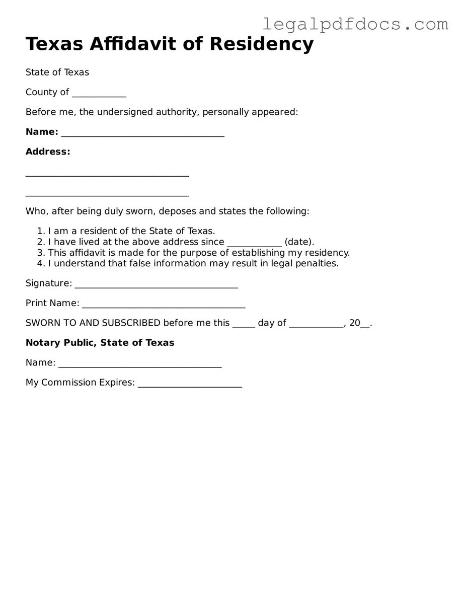 Official Affidavit of Residency Form for Texas
