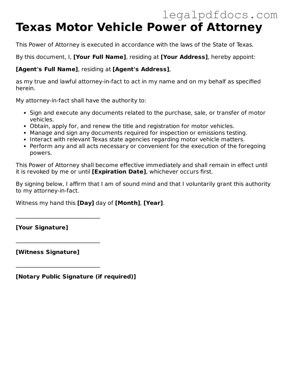 Official Motor Vehicle Power of Attorney Form for Texas