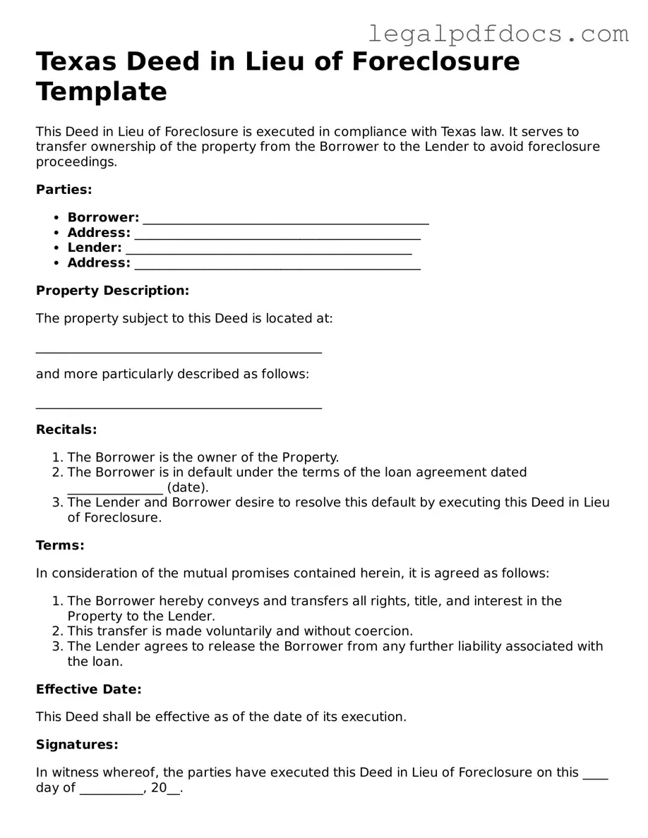 Official  Deed in Lieu of Foreclosure Form for Texas