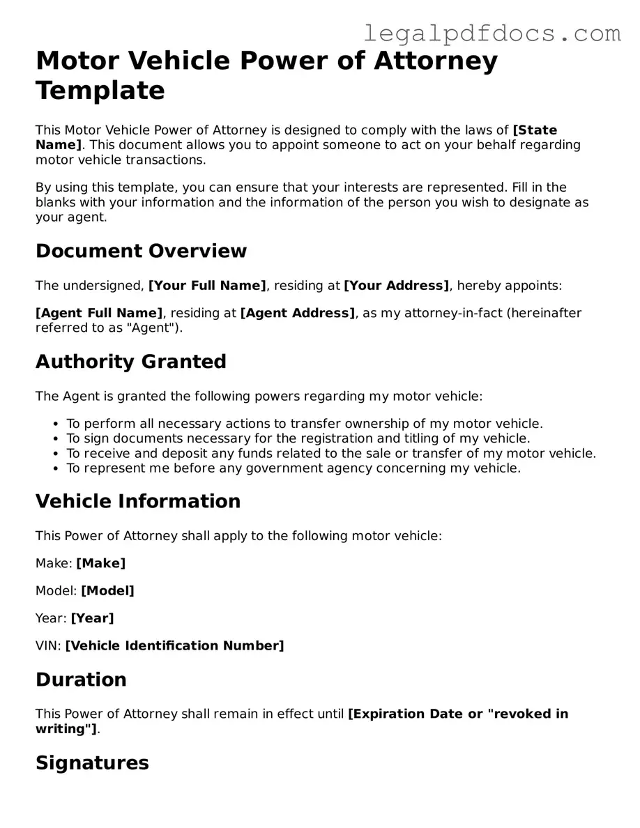 Motor Vehicle Power of Attorney Template